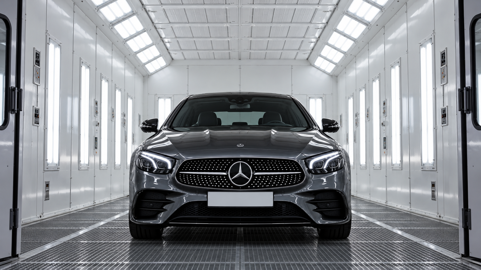 Boya kabininde önden görünen grafit renkli Mercedes otomobil